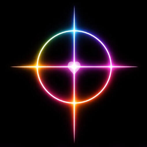 Neon rainbow colors on black, roots spiral on top and then tree on top of spiral